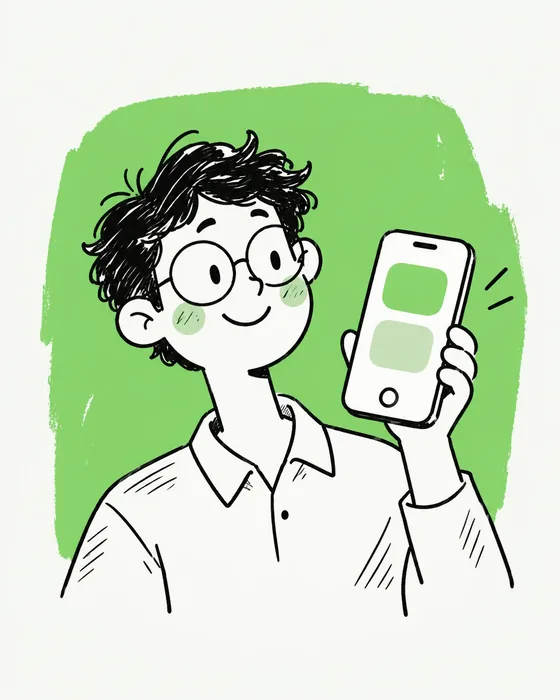 A hand-drawn person with round glasses holding a smartphone on a green brush swatch
