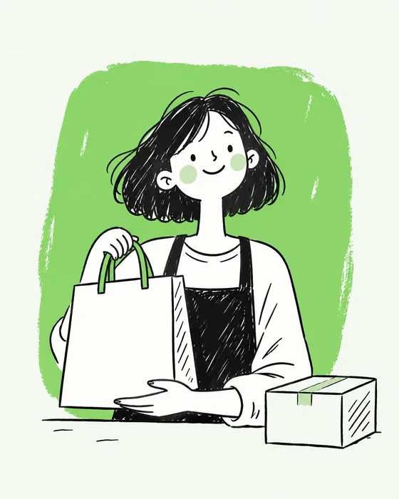 A hand-drawn shop owner holding a shopping bag beside a parcel on a green brush swatch