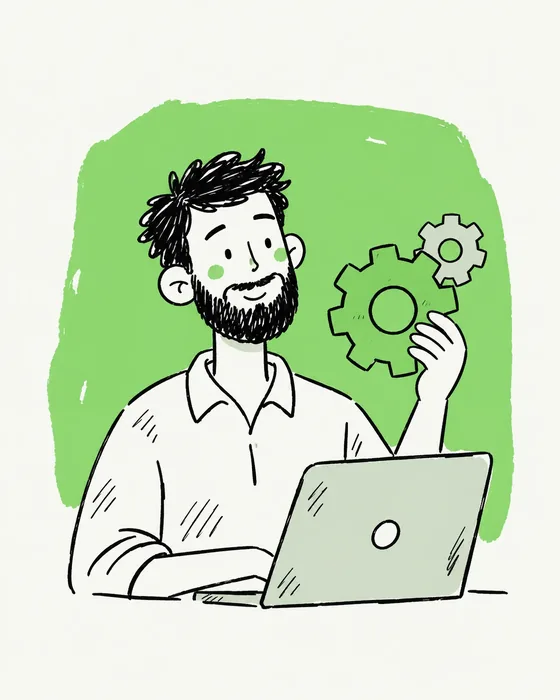 A hand-drawn bearded programmer with a laptop and cogwheel on a green brush swatch