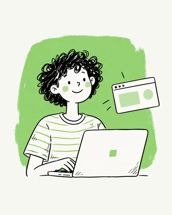 A hand-drawn curly-haired designer with a laptop and browser window on a green brush swatch